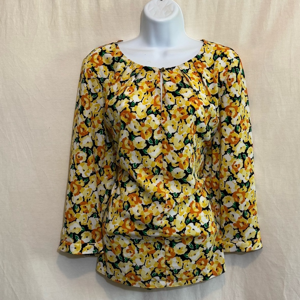 D-31 Talbots Yellow Black & Green Floral Pleated Detail 1/2 Sleeve Blouse Sz 10
